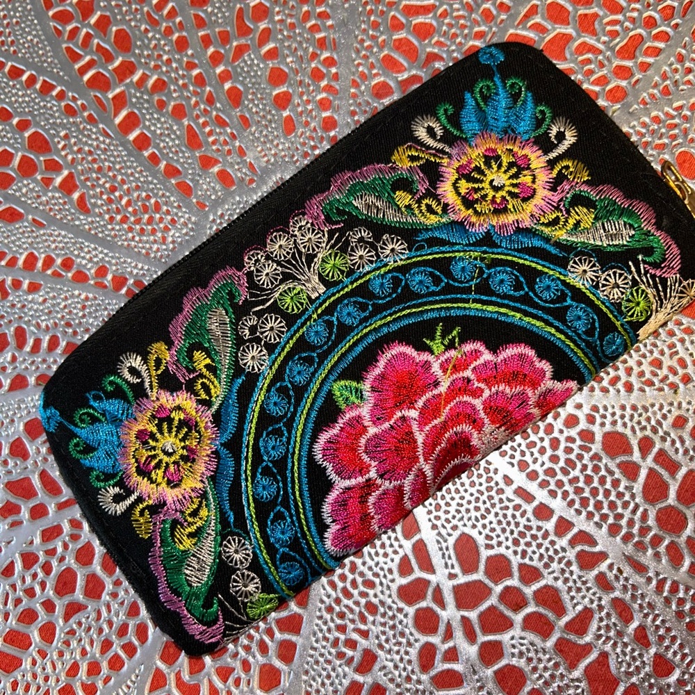 Black Embroidered Floral Zip Wallet - Multicolor Accents